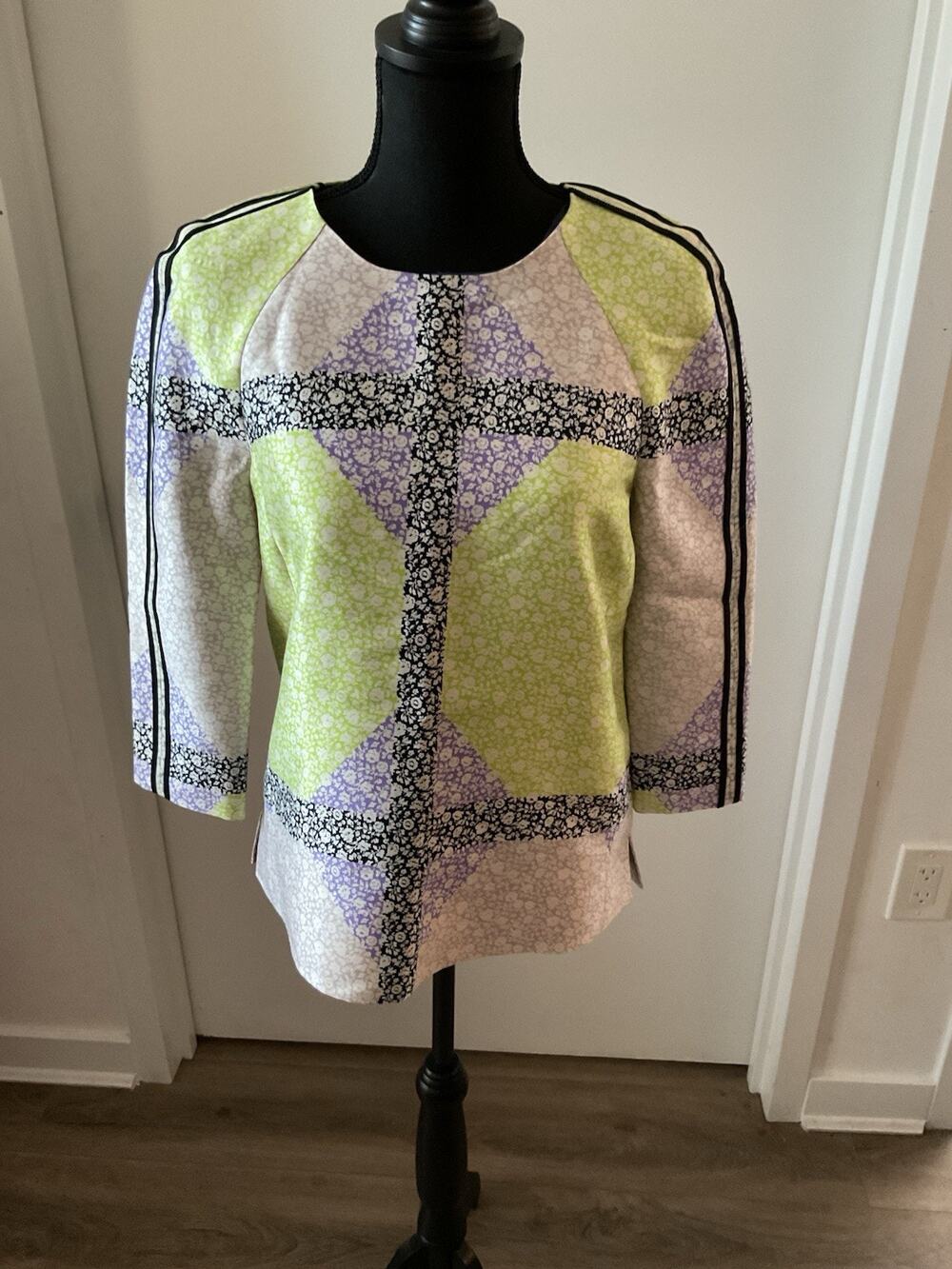 J.crew Collection Silk Wool Floral Windowpane Boxy Raglan Sleeve Blouse Top
